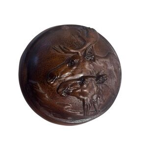 Vtg Bucking Deer Jewelry Trinket Box Figurine 4.5"D Faux
Wood Round